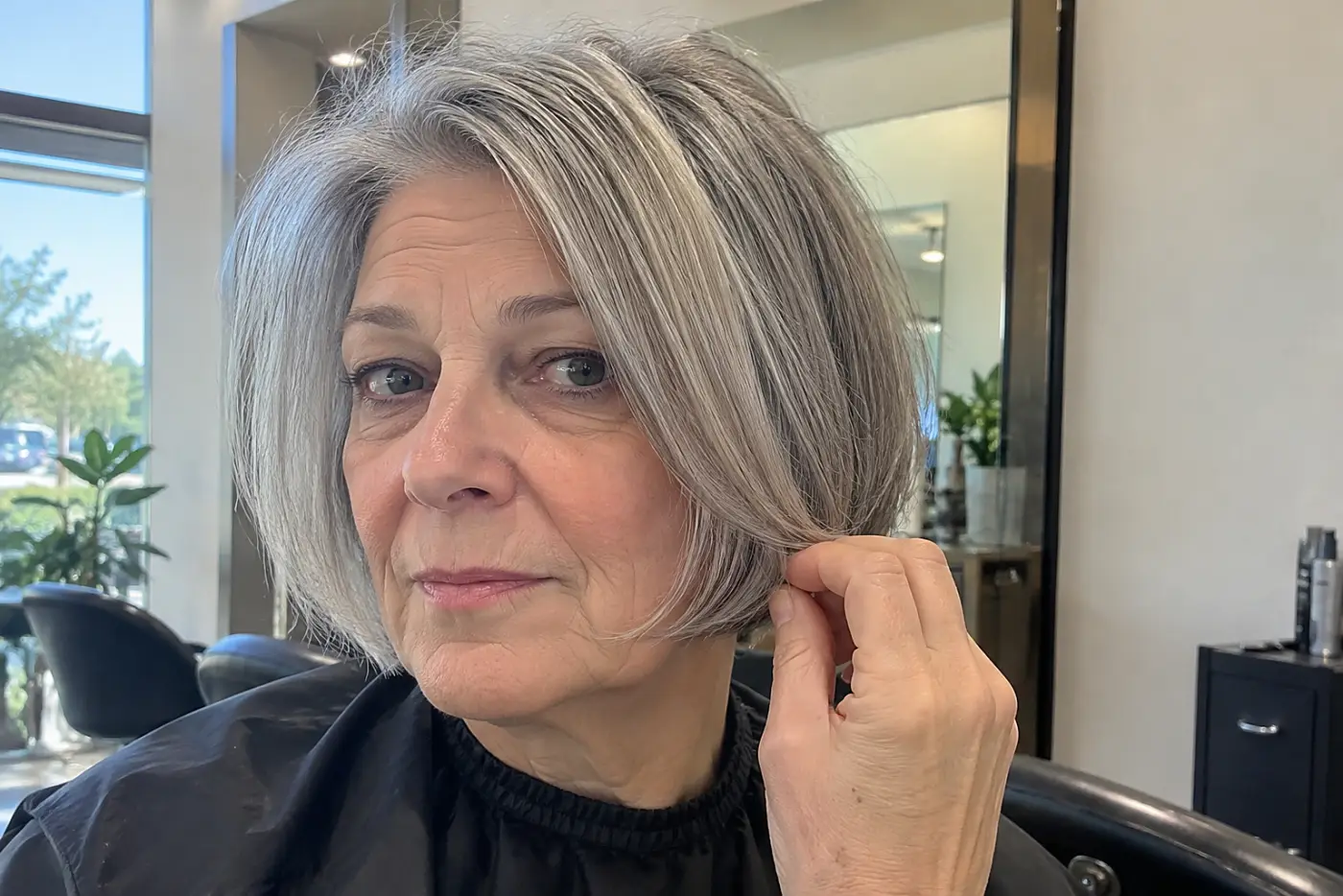 Woman checking the front layers of her chin-length gray bob in a salon mirror.