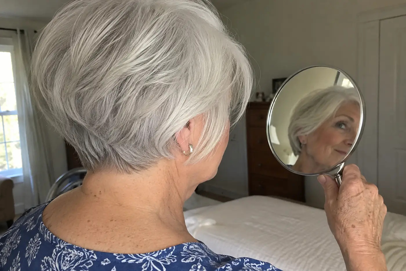 Woman checking the close nape of her stacked white wedge with a hand mirror in her bedroom.