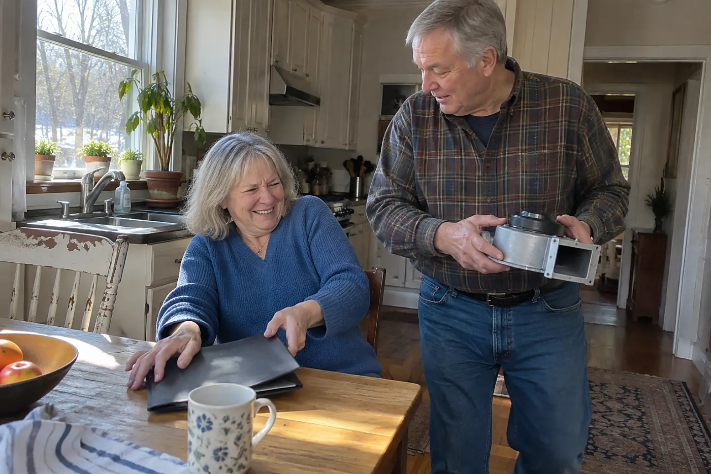 Woman reviewing an IRA statement beside a furnace repair bill in her kitchen.