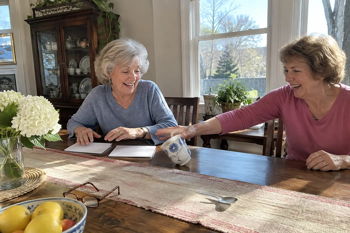 Woman checking a bond statement and tax return at her dining room table.