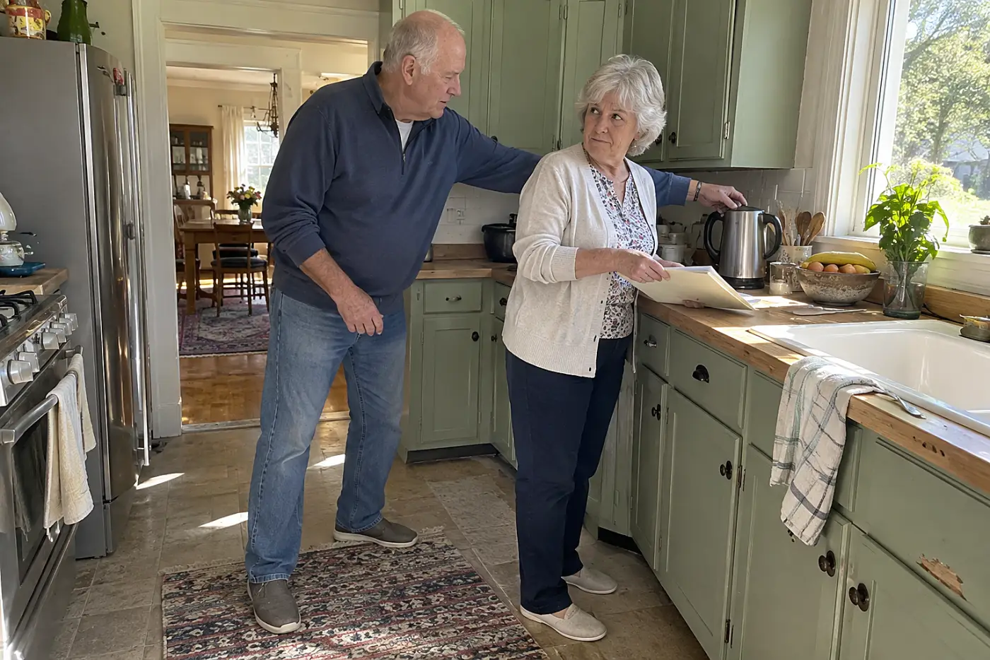 Former public employee reading a pension statement at her kitchen counter.