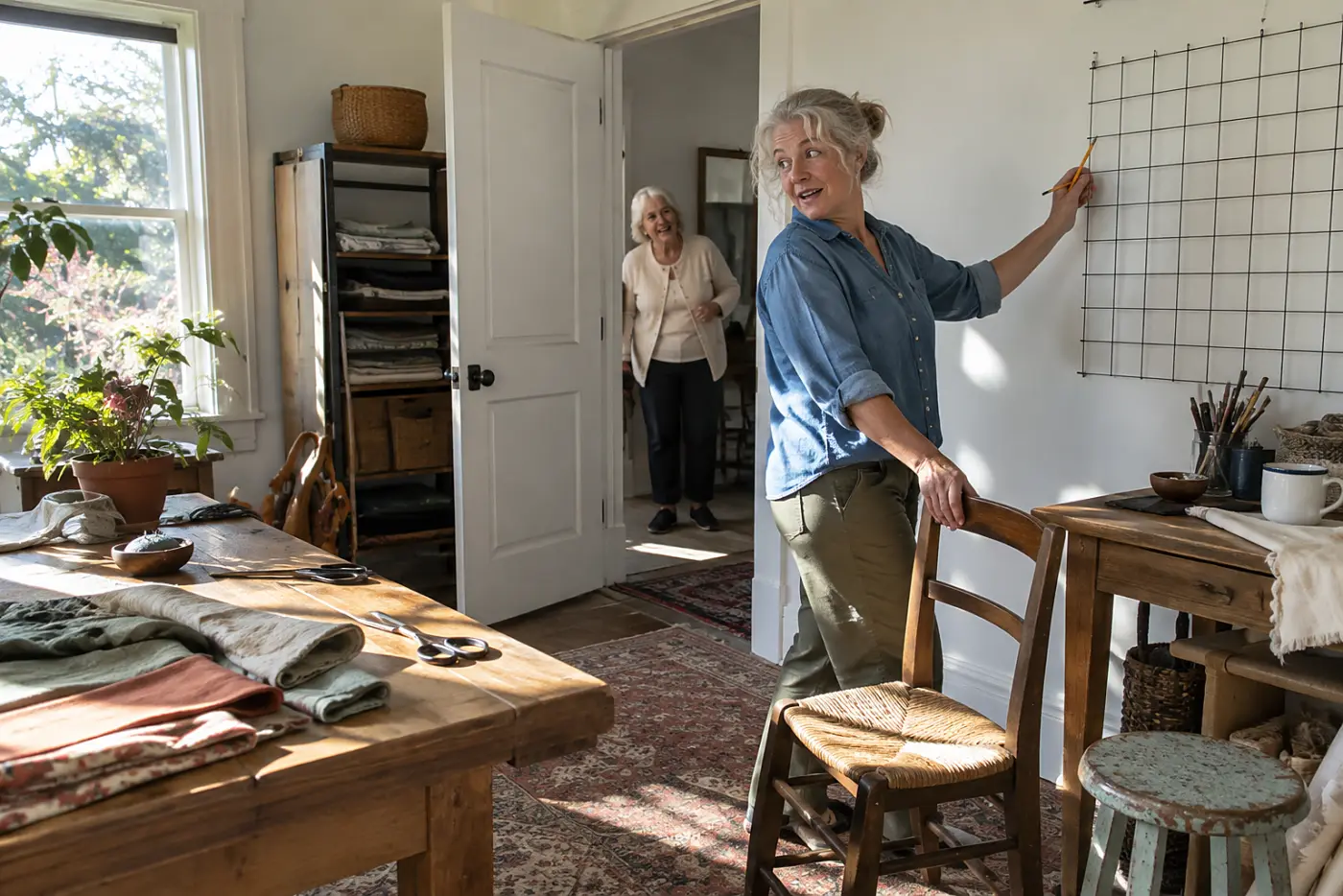 Self-employed woman marking completed workdays on a wall calendar in her studio.