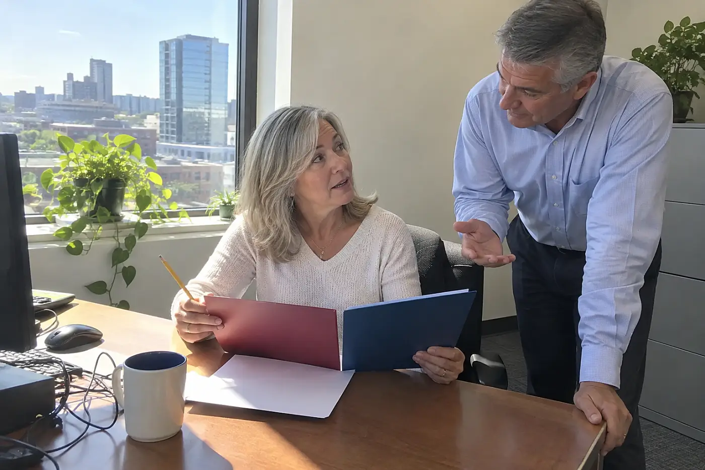 Woman comparing a work schedule with a benefit statement at her desk.