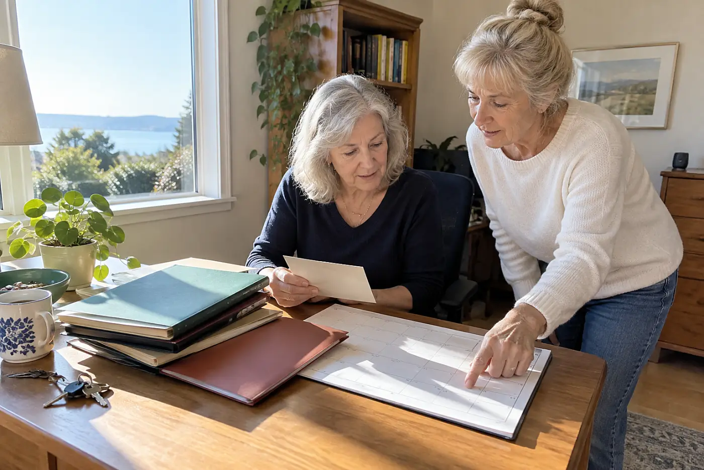 Divorced woman checking dates on old marriage records in her home office.