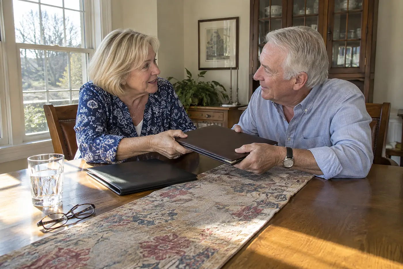 Married couple comparing benefit statements at their dining room table.