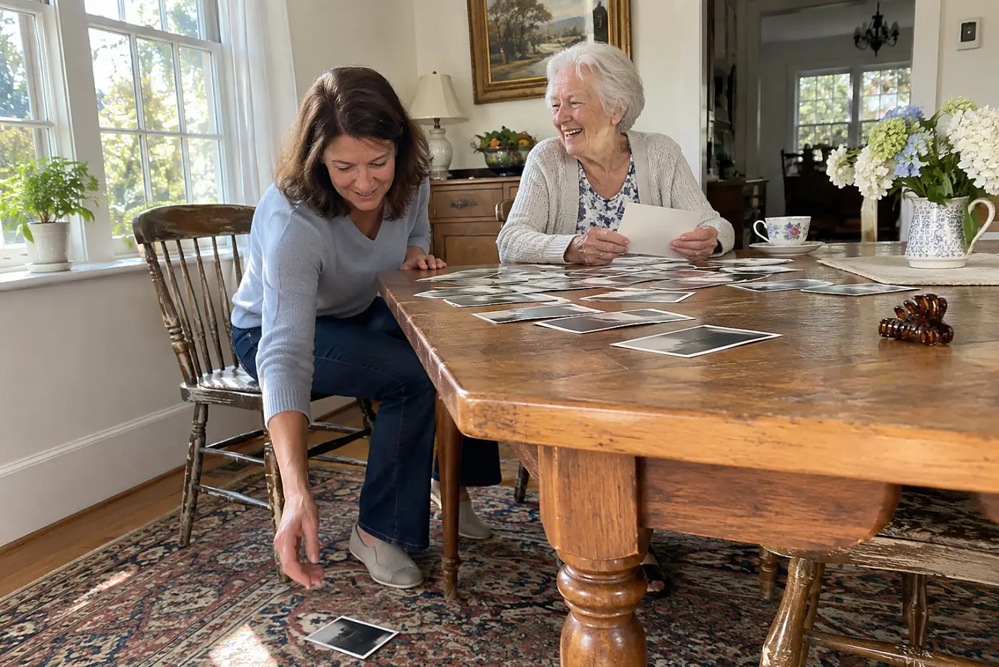 Woman looking through family photographs while making notes at her table.