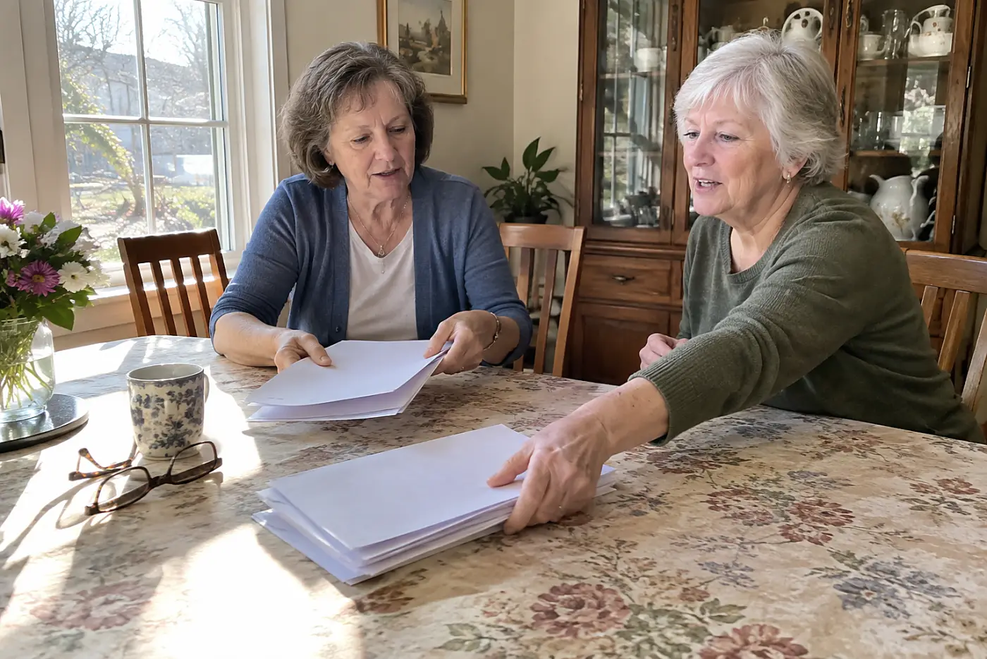 Woman sorting pay stubs and bills on her dining room table.