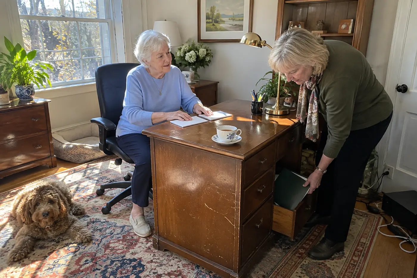 Woman reading a withdrawal form beside her bank statement in her home office.