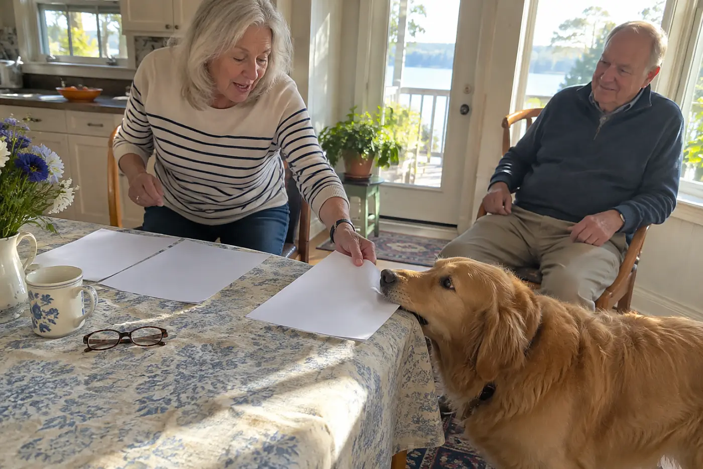 Woman comparing two benefit estimates and a back-payment figure at her table.