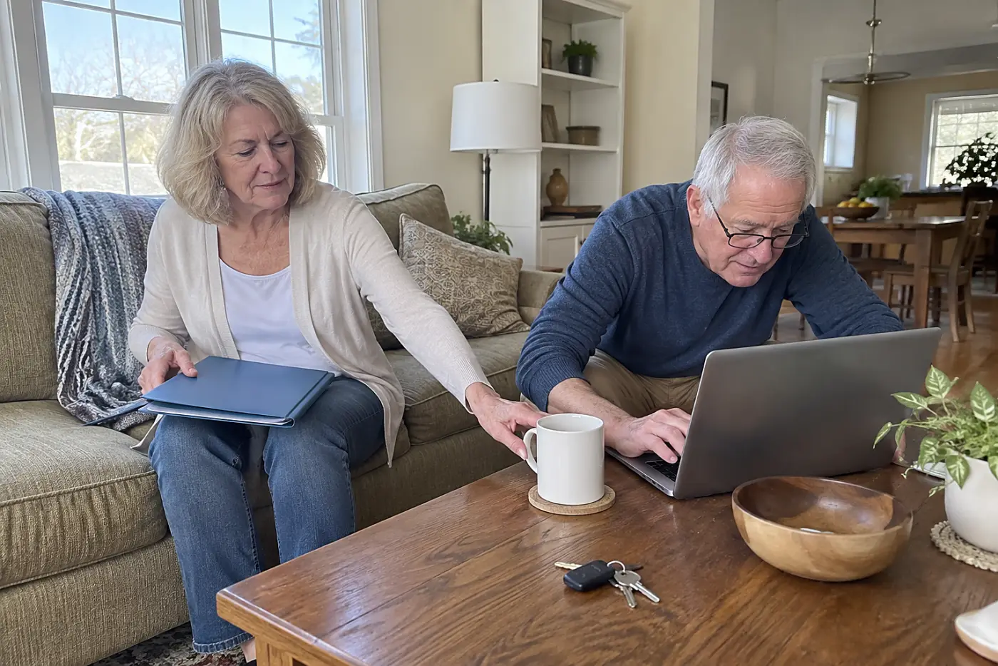 Woman reviewing health insurance paperwork beside a laptop at home.