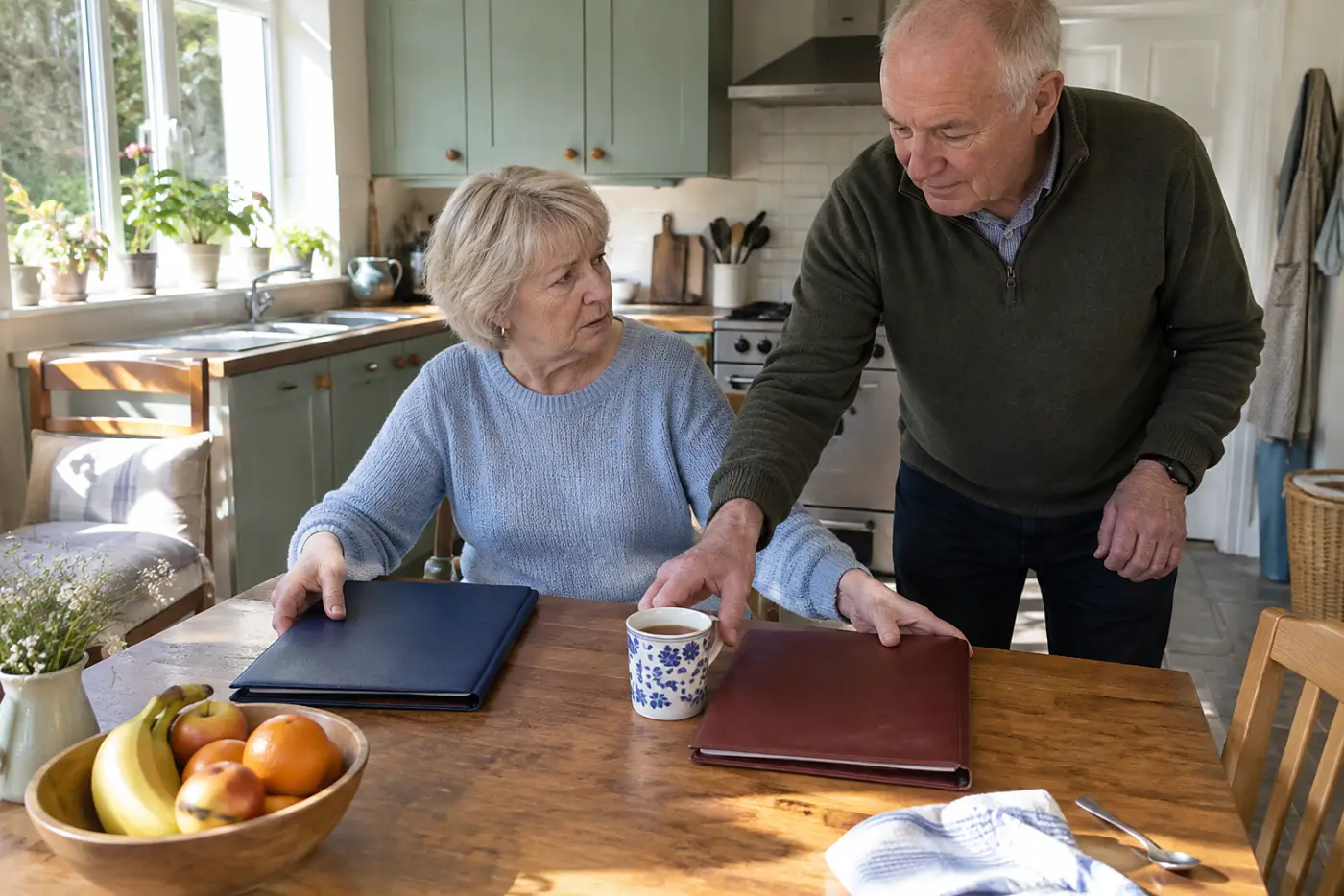 Woman comparing a Medicare notice with a tax return at her kitchen table.