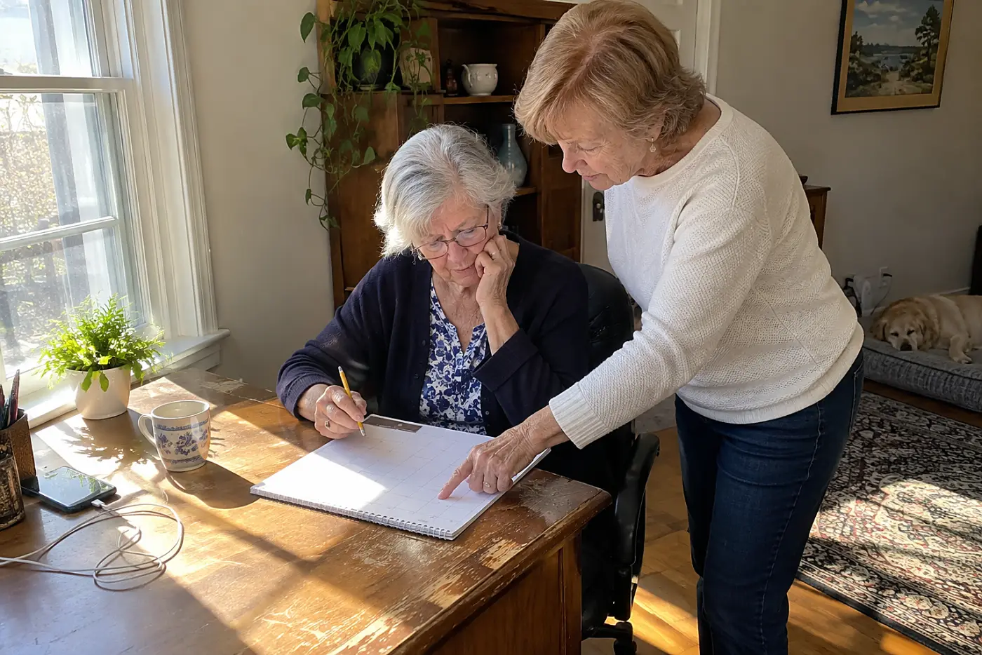 Woman writing retirement withdrawal dates on a calendar at her desk.