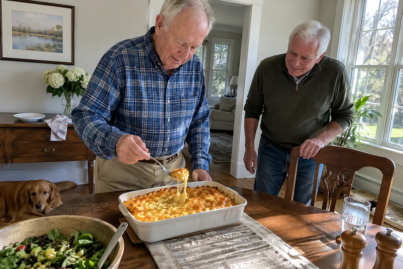 Older man checks a piece of baked macaroni with a fork in a dining room.