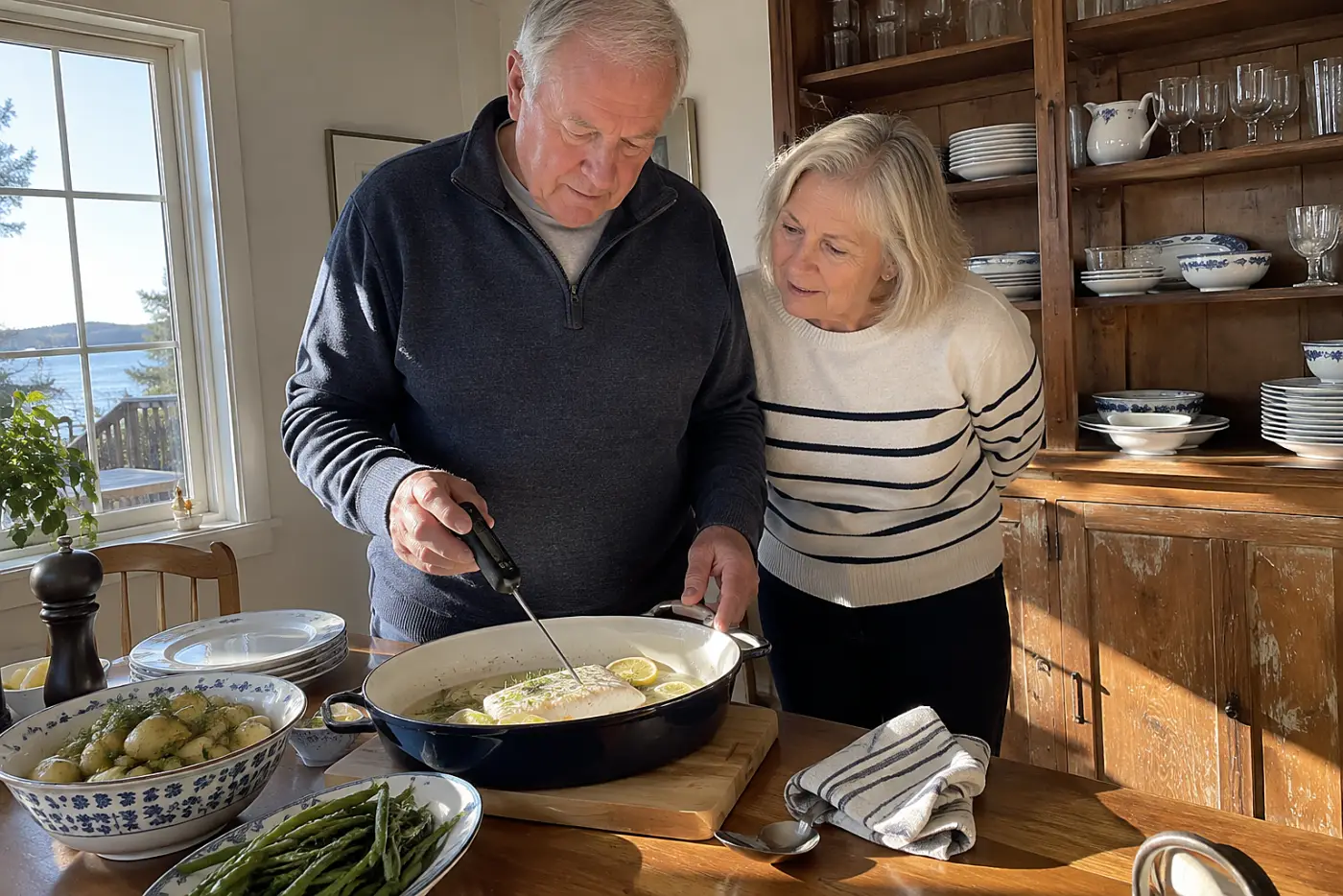 Older man checks a poached fish fillet with a thermometer beside a dining-room serving cabinet.
