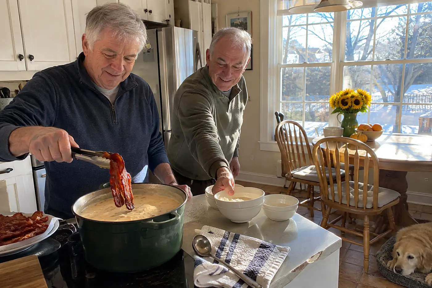 Older man lifts bacon strips from a pot of potato soup beside a breakfast-nook window.