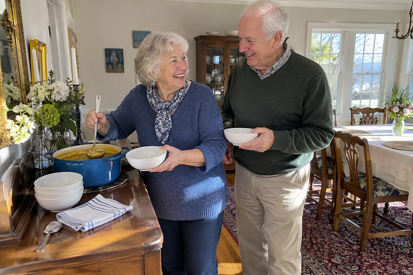 Older woman spoons curried lentil soup into bowls at a dining-room buffet.