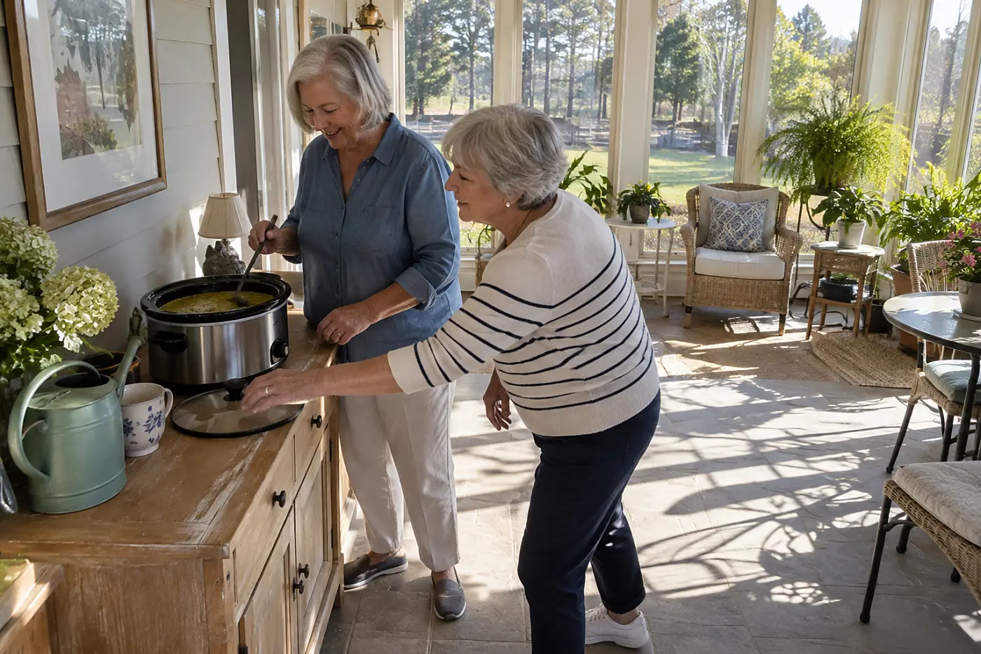 Older woman checks split pea soup in a slow cooker on a sunroom sideboard.