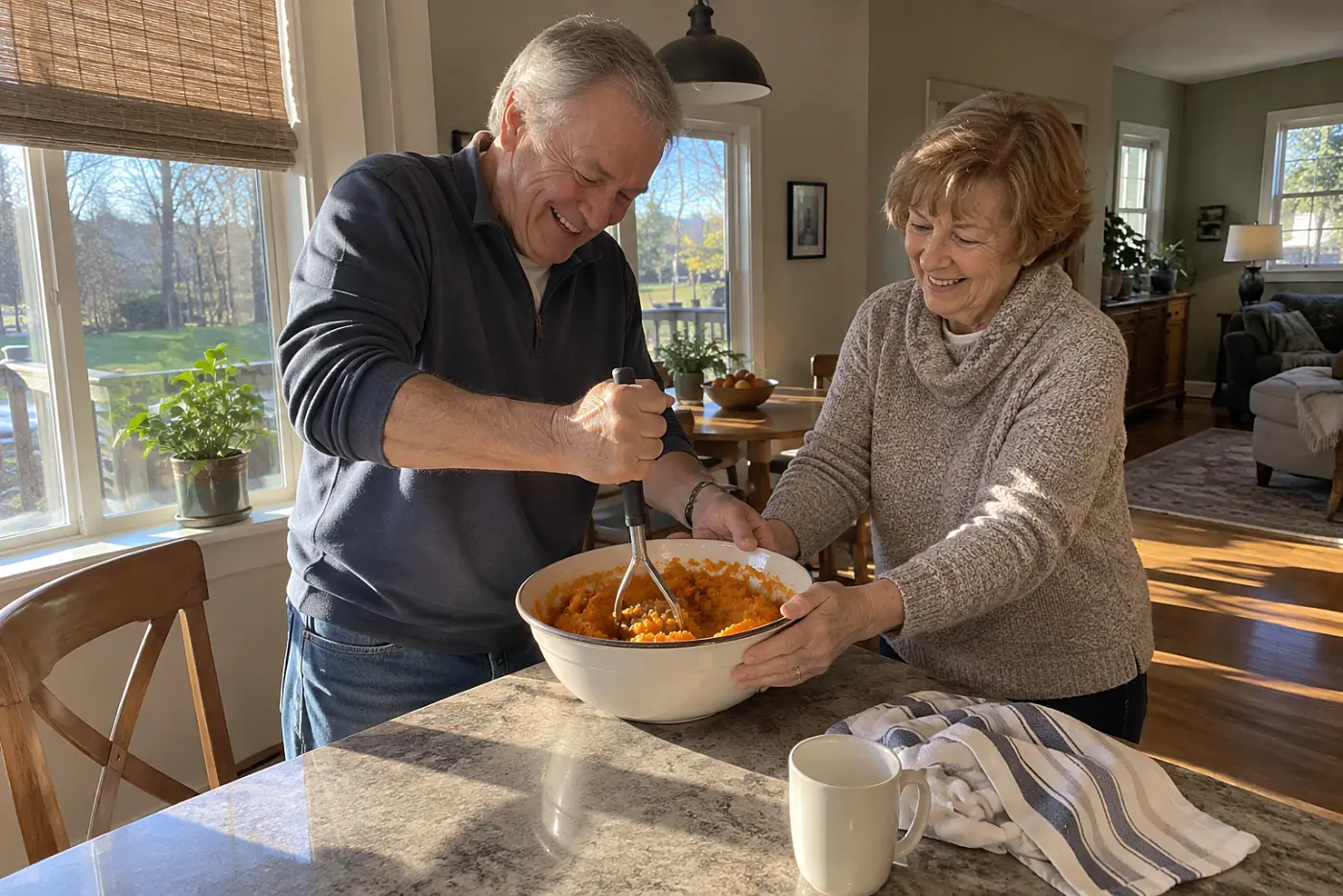 Older man mashes sweet potatoes with warm broth at a breakfast-nook counter.
