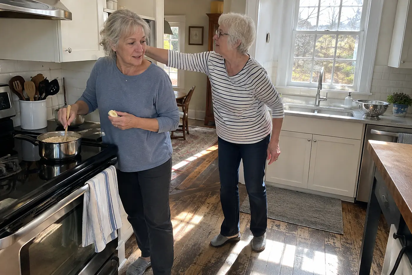 Older woman stirs banana into a saucepan of oatmeal at a kitchen stove.
