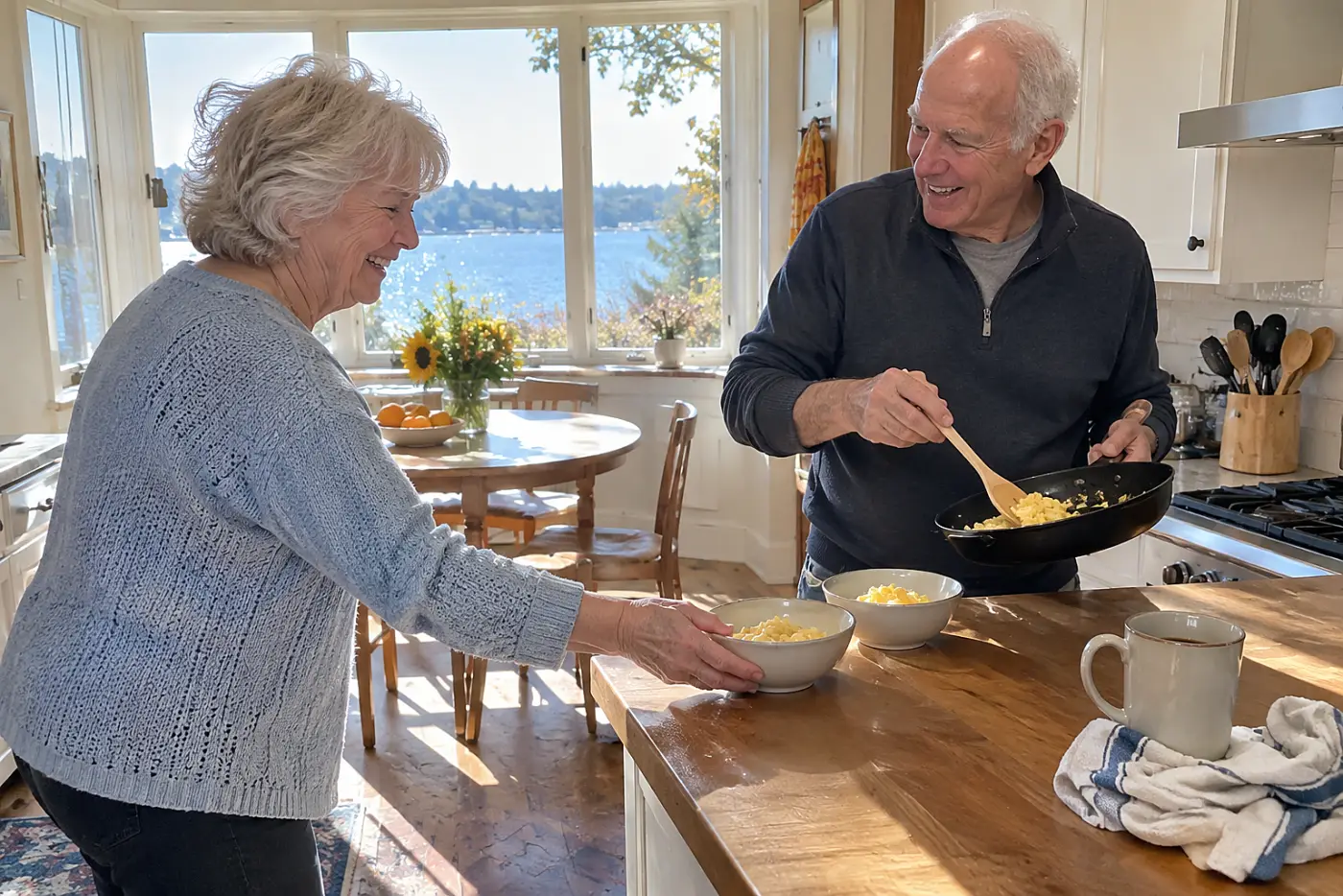Older man slides soft scrambled eggs into bowls beside a breakfast-nook window.