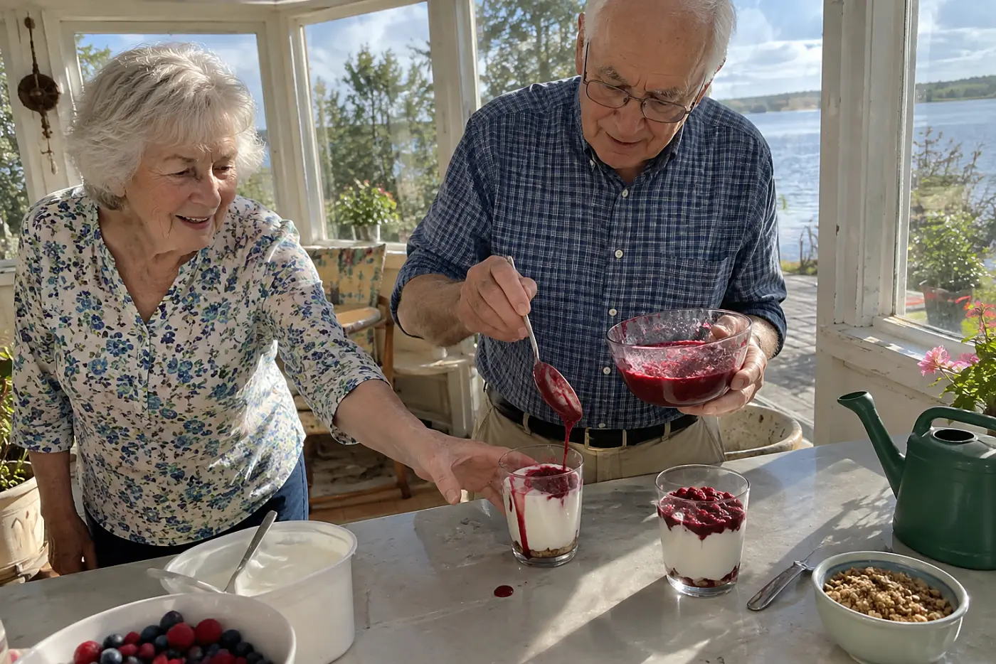 Older man layers pureed berries over yogurt at a sunroom counter.