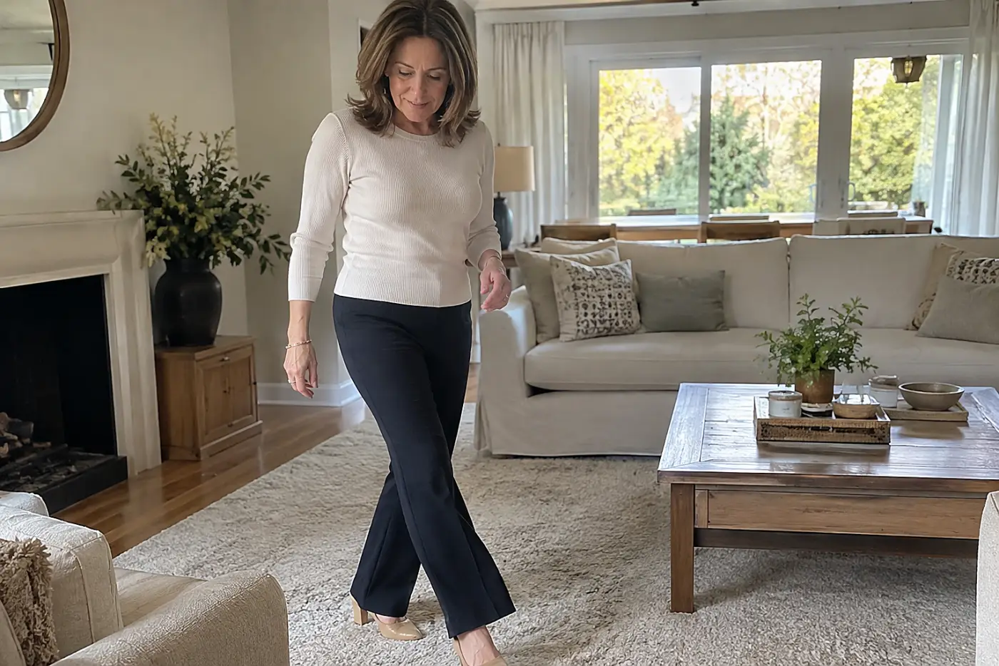 Woman in her sixties in dark crepe trousers and low heels stepping out of a car at a restaurant entrance at dusk.