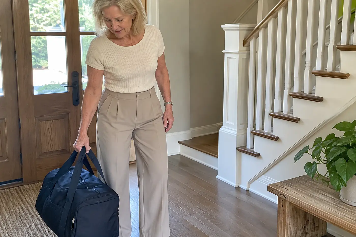 Woman in her sixties in black crepe trousers and a knit top settled into a window seat on a plane.