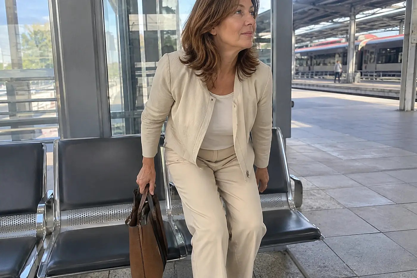 Woman in her sixties in a blazer and crepe trousers wheeling a carry-on through an airport arrivals hall.