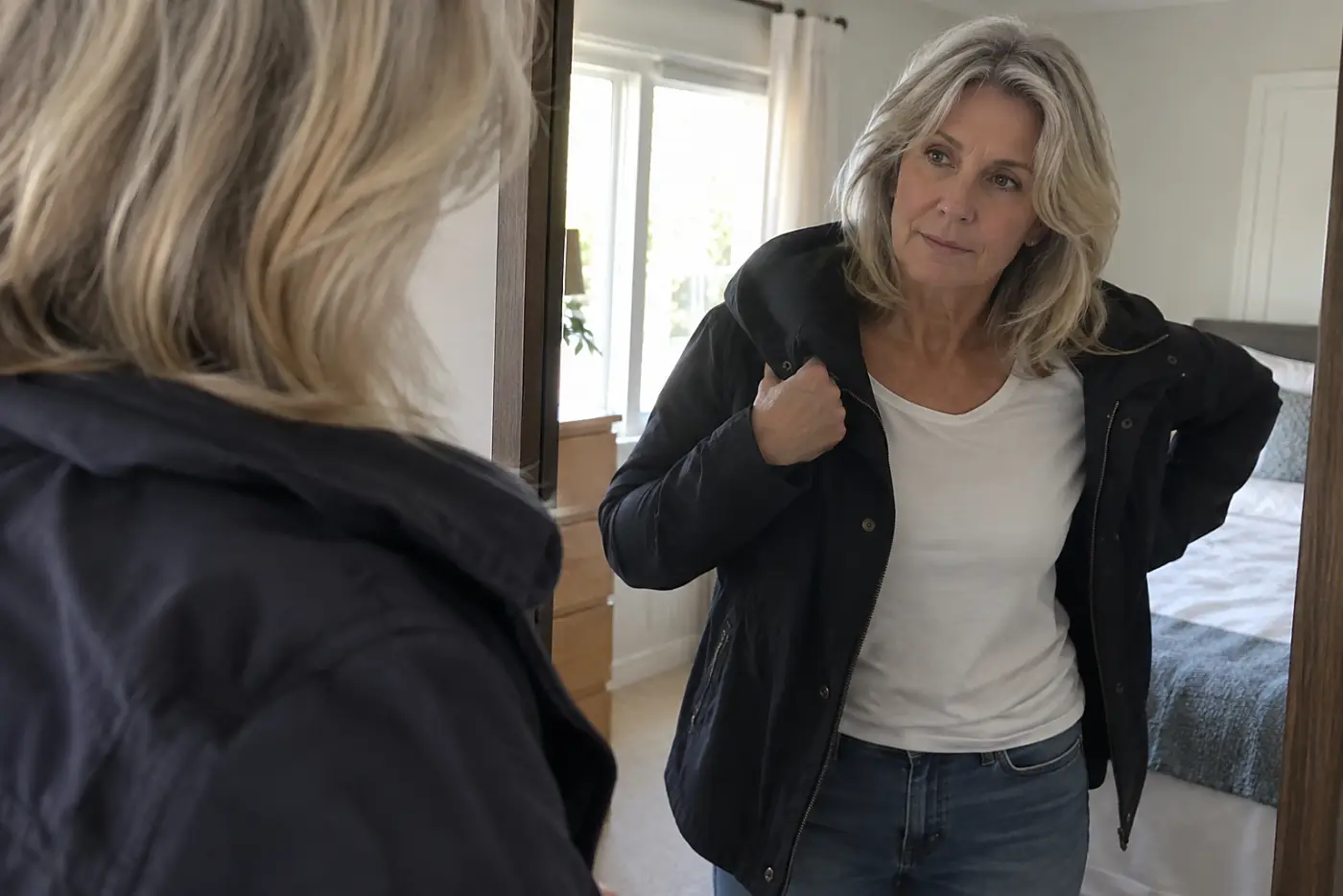 Woman in her sixties fastening her watch while standing at an open closet in jeans and a tee.