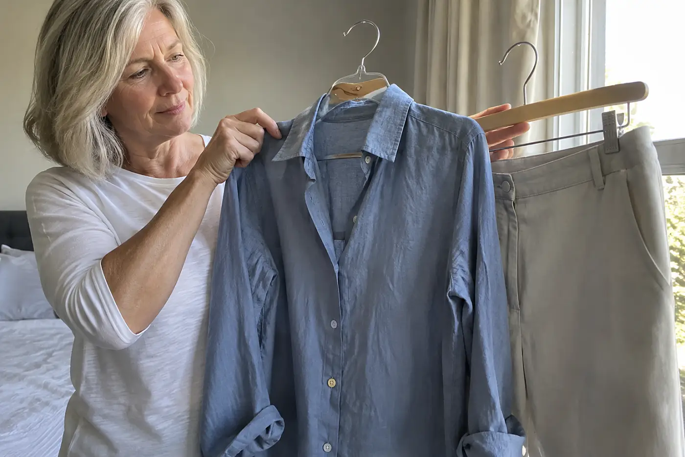 Woman in her sixties knotting a coral scarf at the collar of a white linen shirt in her bedroom.