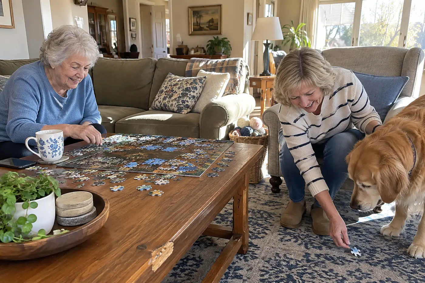 Grandmother sorting jigsaw pieces beside her phone in her living room.