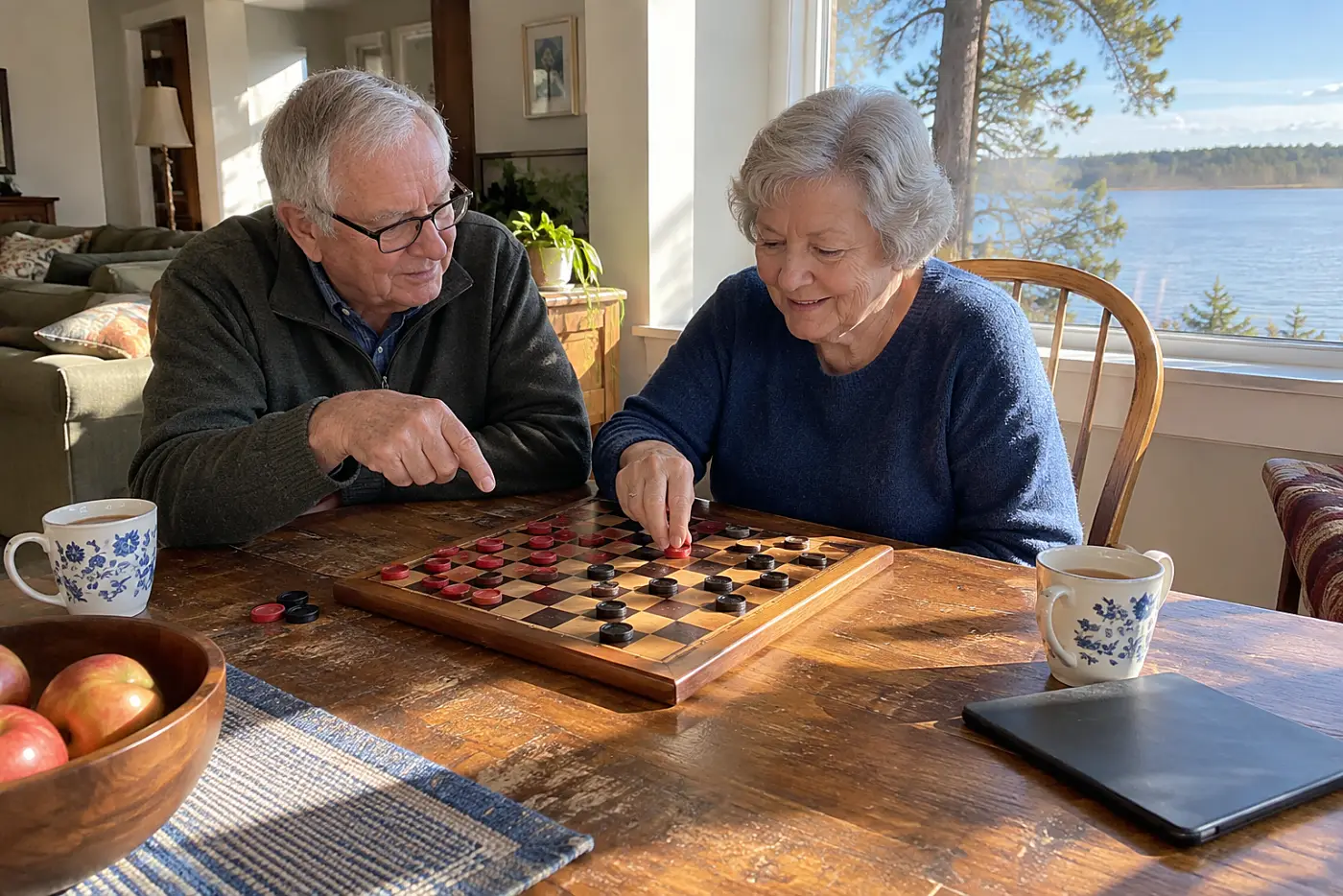 Older woman moving a checker on a board beside a tablet at her table.