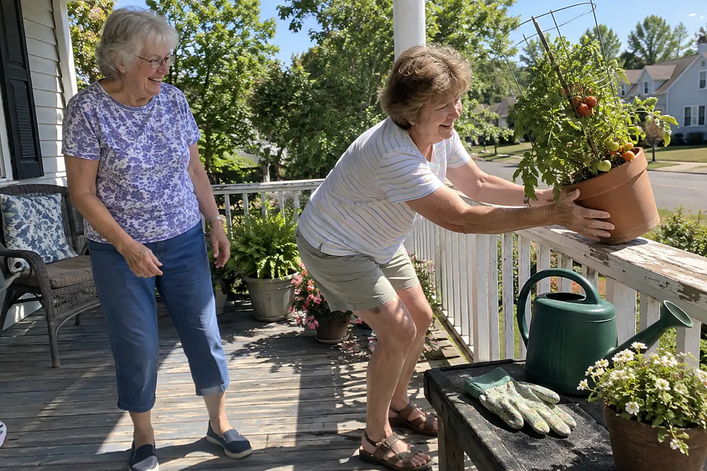 Grandmother photographing a tomato plant on her porch with her phone.