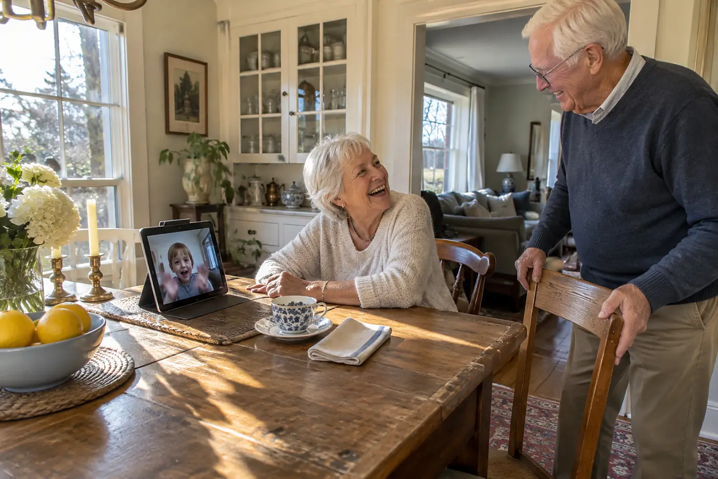Grandmother speaking with one grandchild on a tablet at her dining table.