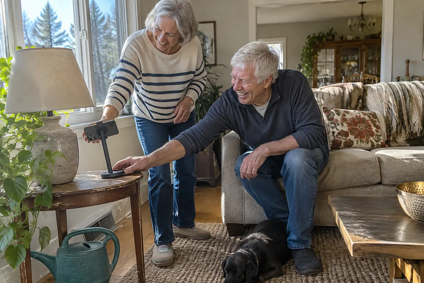 Older woman adjusting a phone stand near a lamp in her living room.