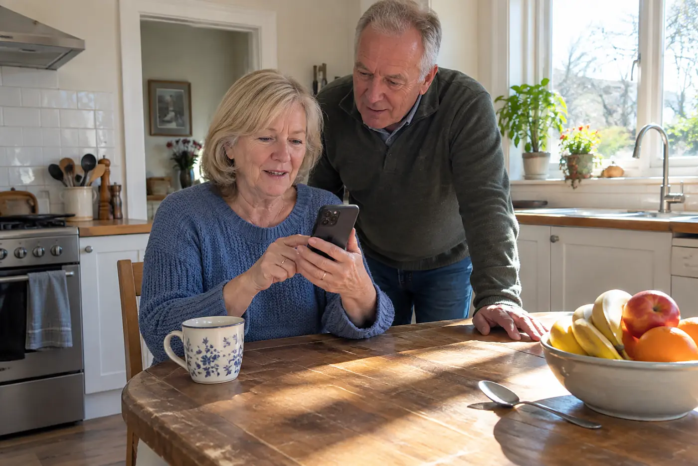Older woman sending a photo to a family chat from her kitchen table.