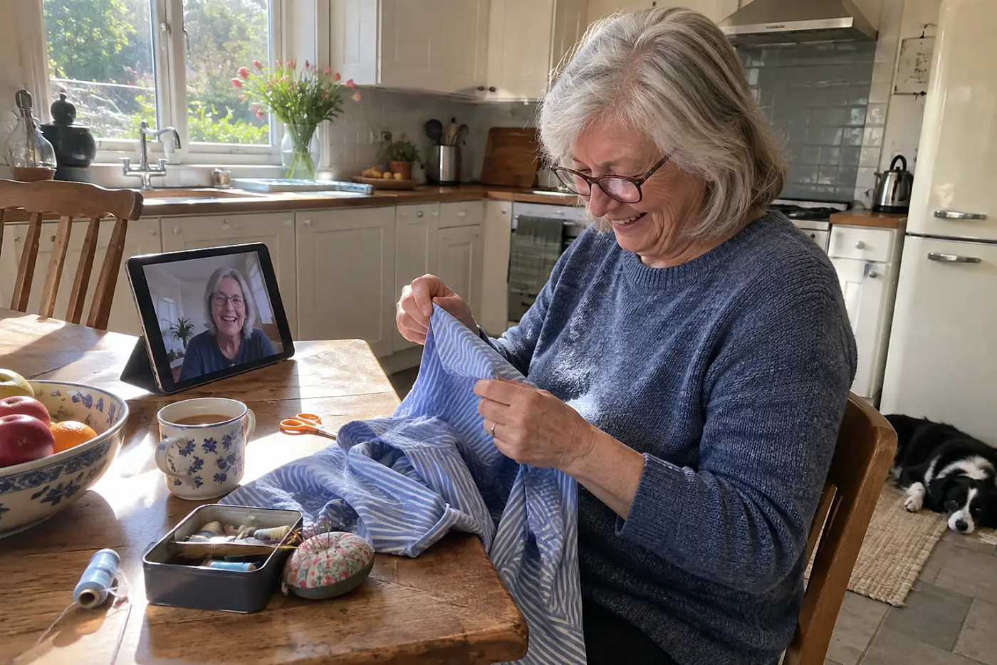 Older woman holding up a half-mended shirt during a video call at her kitchen table.
