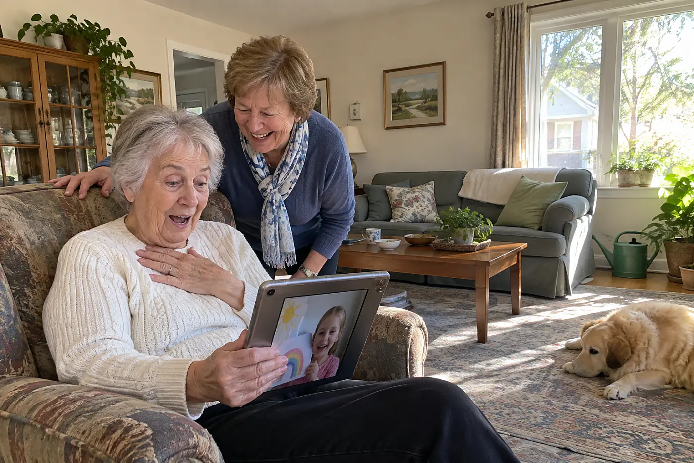 Grandmother looking at a child's drawing held up during a video call in her living room.