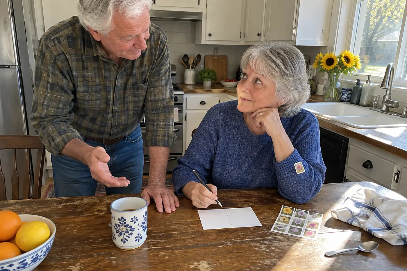Older woman writing a postcard beside a sheet of stamps at her kitchen table.
