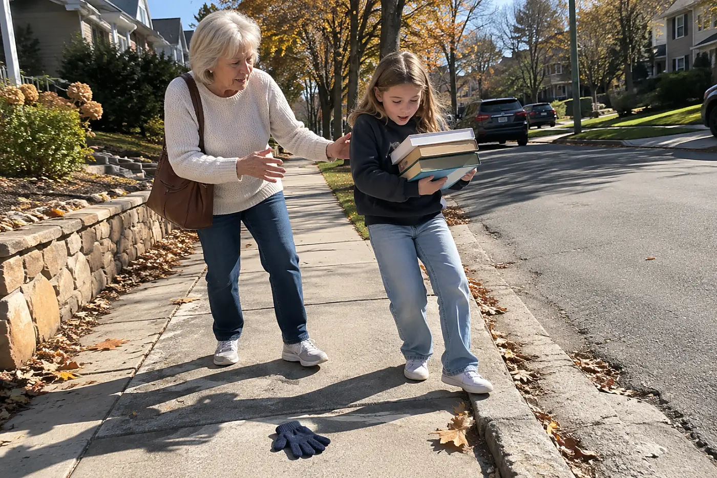 Grandmother walking beside a grandchild carrying library books on a neighborhood sidewalk.