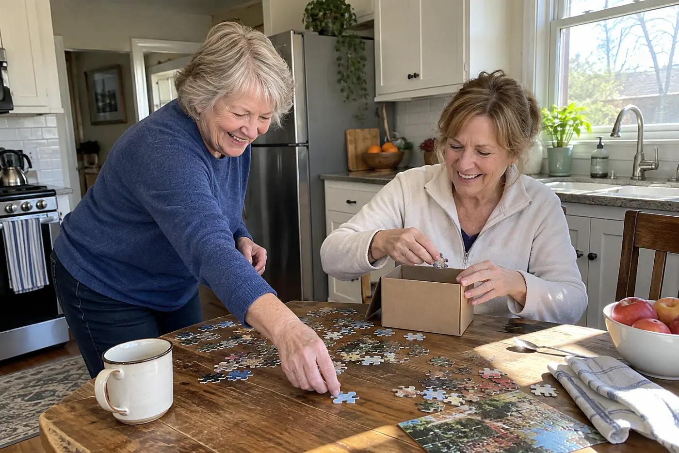 Older woman placing a puzzle clipping inside a small package at her kitchen table.