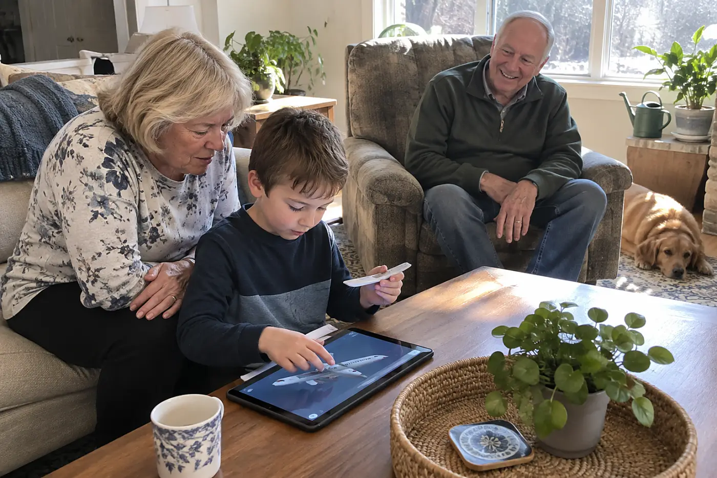Grandmother watching a grandchild show a model airplane during a video call.