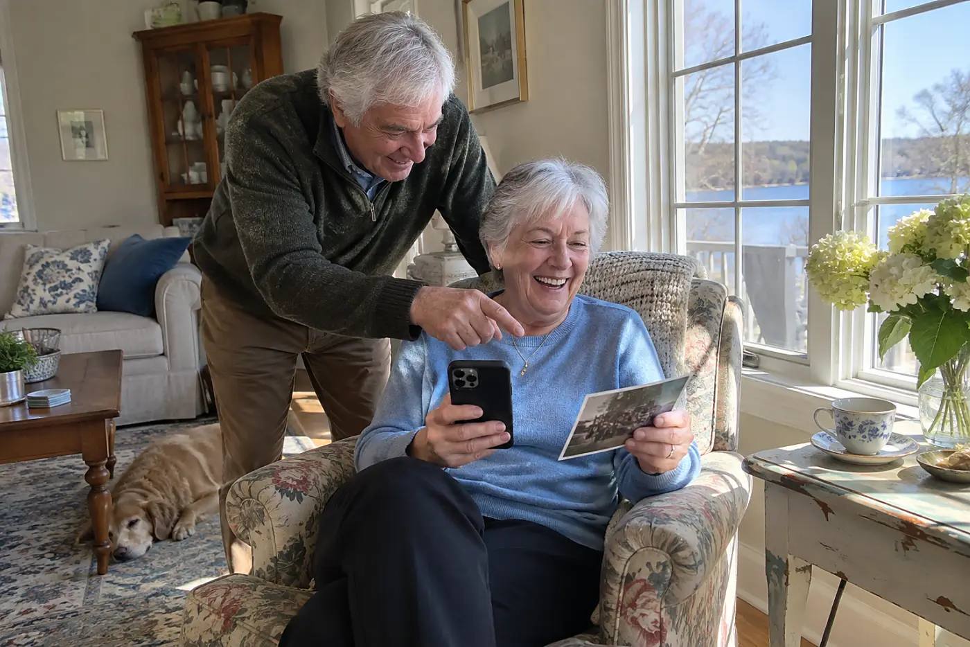 Grandmother holding an old family photograph while recording a message at home.
