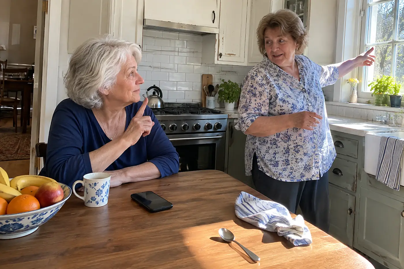 Older woman listening to a grandchild on speakerphone at her kitchen table.