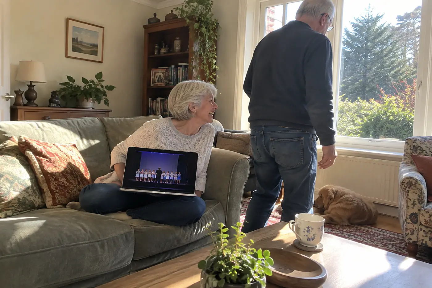 Grandmother watching a school concert on a laptop at home.