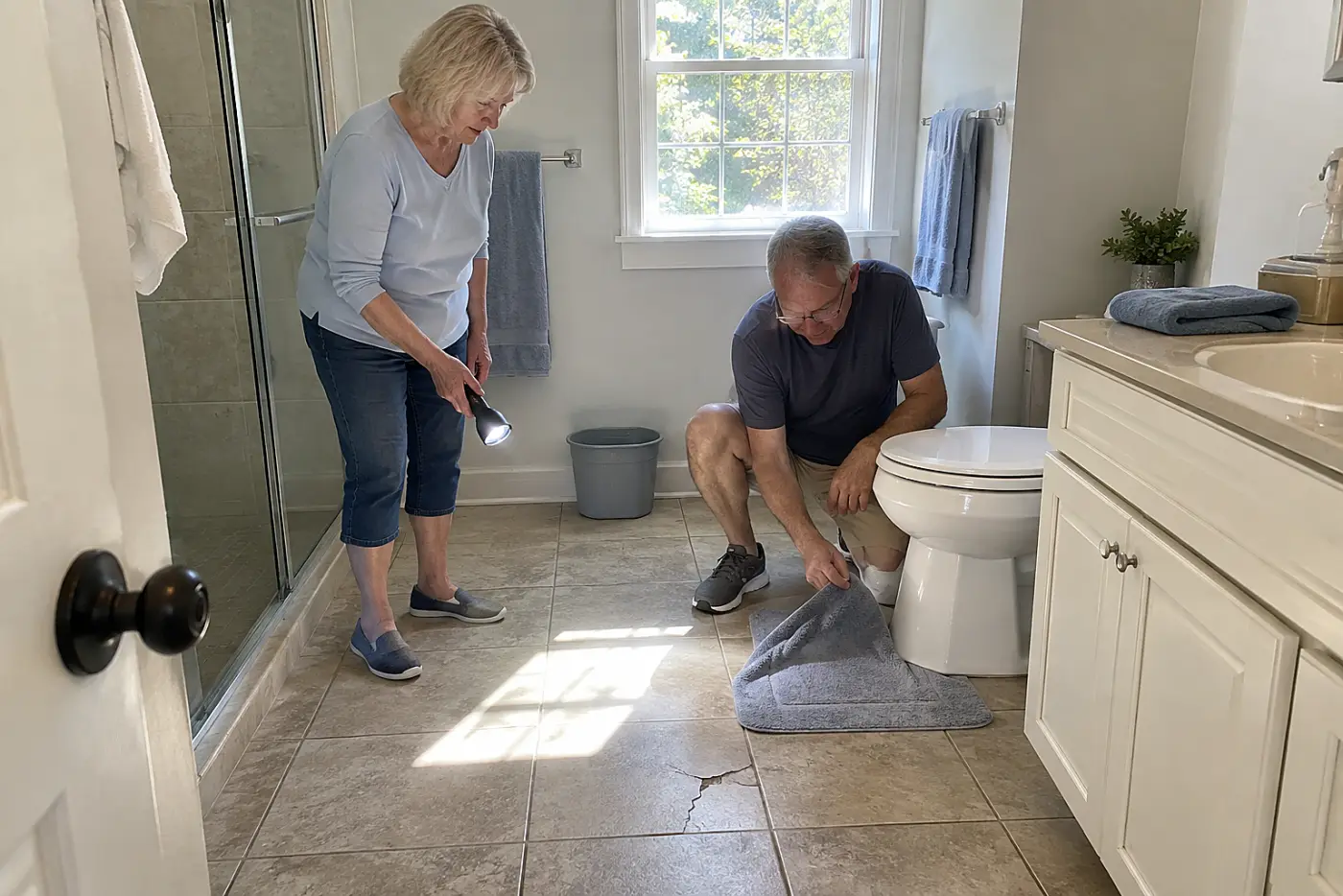 Older woman checking the floor beside a toilet with a flashlight.