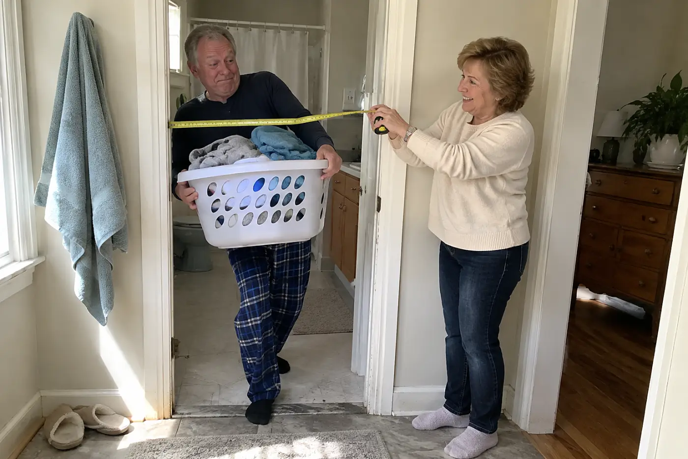Older woman measuring the clear opening of her bathroom doorway.