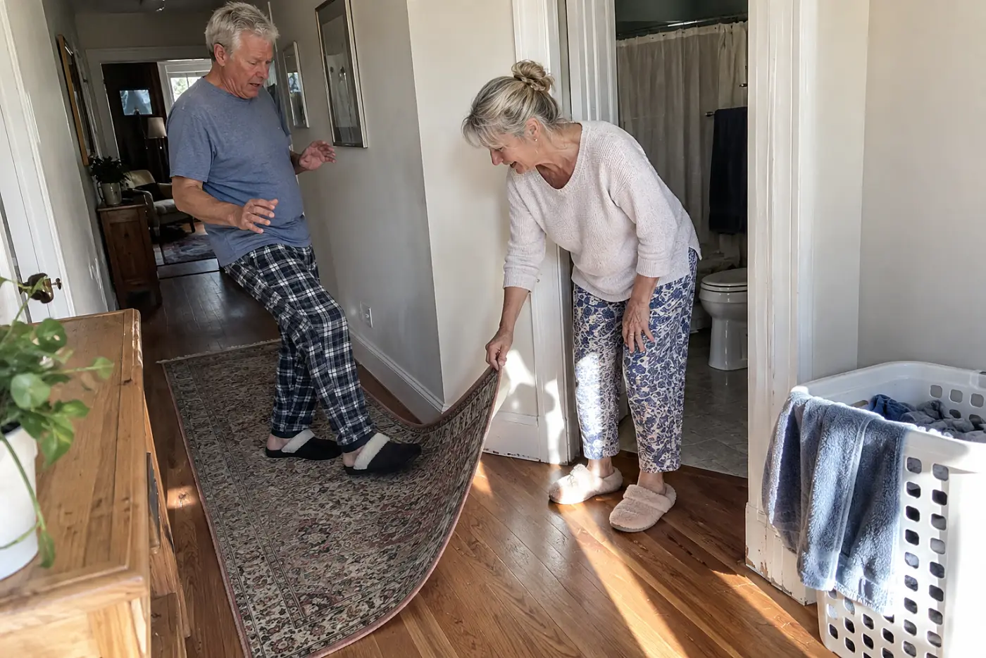 Older woman lifting a curled hallway rug beside the bathroom door.