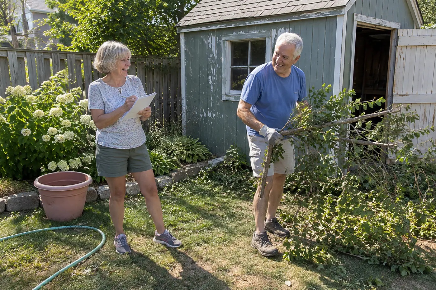 Older woman writing down yard chores beside her garden shed.