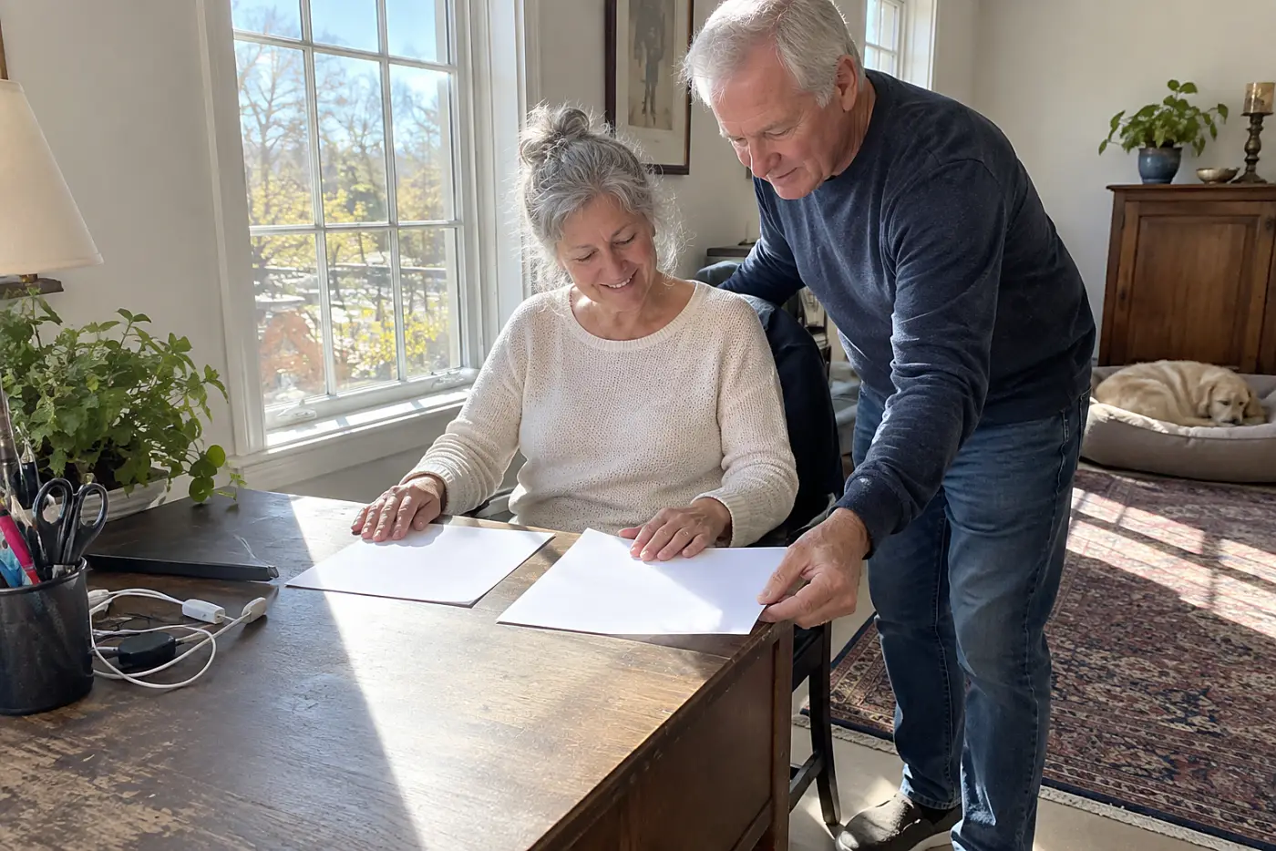 Older woman comparing two insurance renewal papers at her desk.
